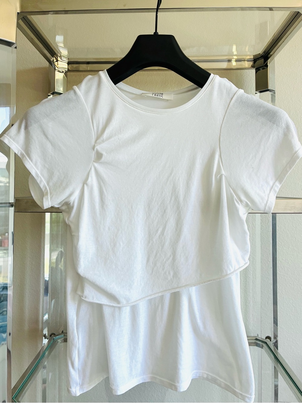 Room Cards M (Fits like XS) Asymmetrical Overlay White Tee